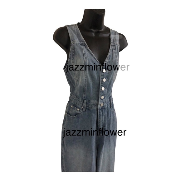 Sincerely Jules blue denim button front sleeveless jeans jumper jumpsuit size M - Picture 8 of 17
